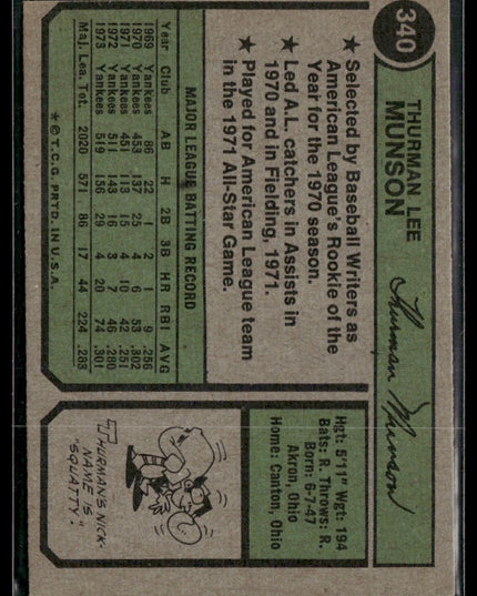 Thurman Munson #340 1974 Topps New York Yankees