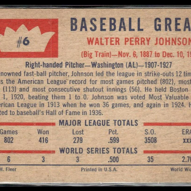 Walter Johnson #6 1960 Fleer Baseball Greats Washington Senators