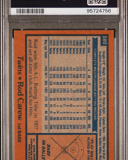 Rod Carew #580 1978 Topps Minnesota Twins PSA 6