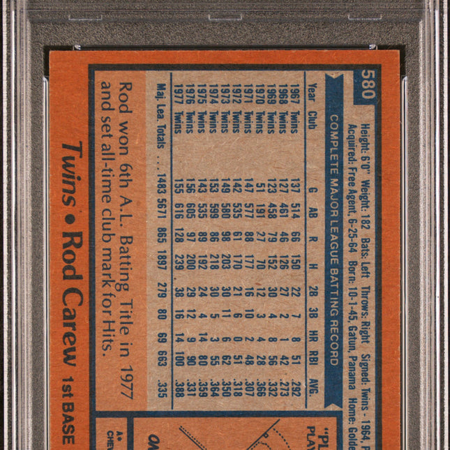 Rod Carew #580 1978 Topps Minnesota Twins PSA 6