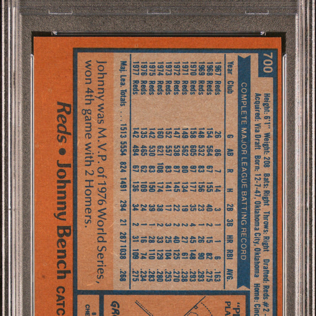 Johnny Bench #700 1978 Topps Cincinnati Reds PSA 7