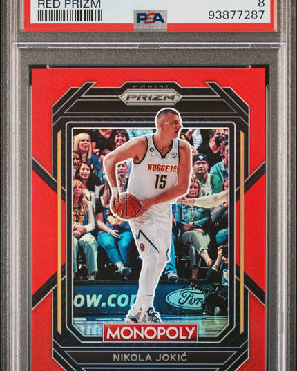 Nikola Jokic #22 2022 Panini Prizm Monopoly Red Prizm Denver Nuggets PSA 8