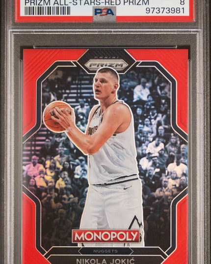 Nikola Jokic #PS9 2022 Panini Prizm Monopoly All-Stars Red Prizm PSA 8