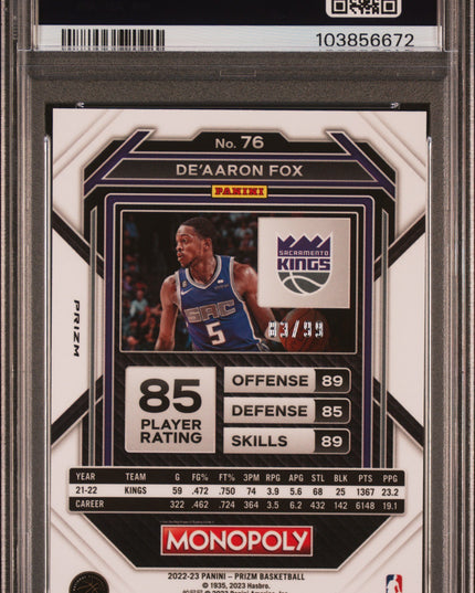 De'Aaron Fox #76 2022 Panini Prizm Monopoly Red Prizm Sacramento Kings PSA 8