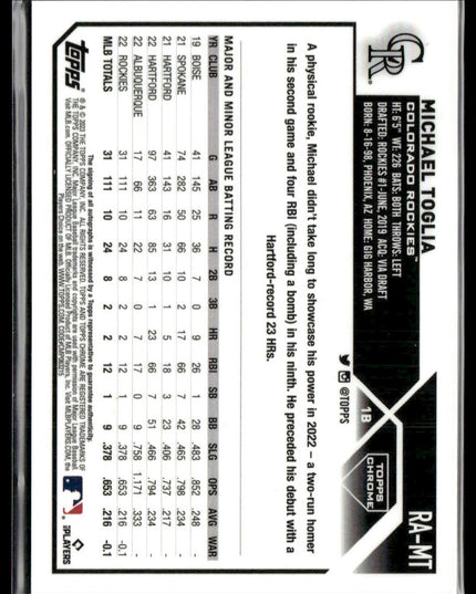 Michael Toglia #RA-MT 2023 Topps Chrome Rookie Auto Purple #/250 Rockies