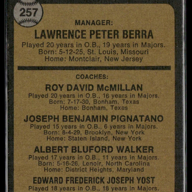 Mets Field Leaders (Yogi Berra) #257 1973 Topps New York Mets