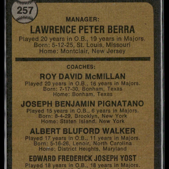 Mets Field Leaders (Yogi Berra) #257 1973 Topps New York Mets