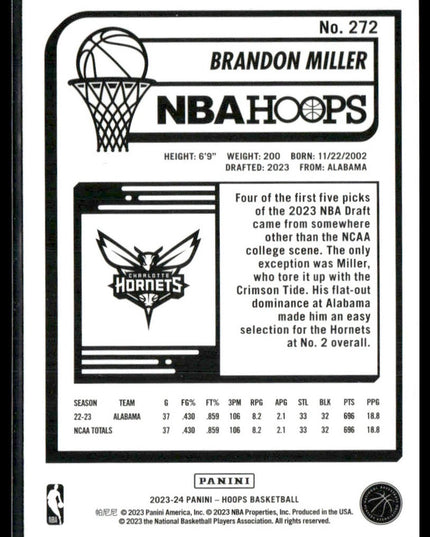 Brandon Miller Rookie #272 2023-24 Hoops Winter Charlotte Hornets
