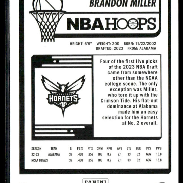 Brandon Miller Rookie #272 2023-24 Hoops Winter Charlotte Hornets