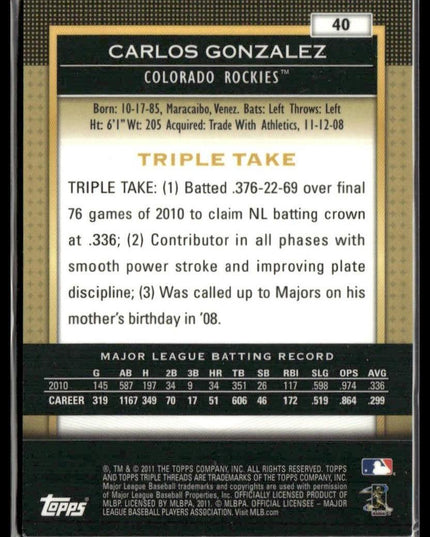 Carlos Gonzalez #40 2011 Topps Triple Threads Gold #/99 Colorado Rockies