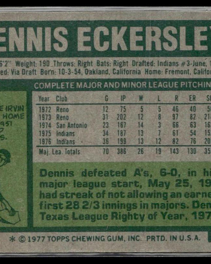 Dennis Eckersley #525 1977 Topps Cleveland Indians