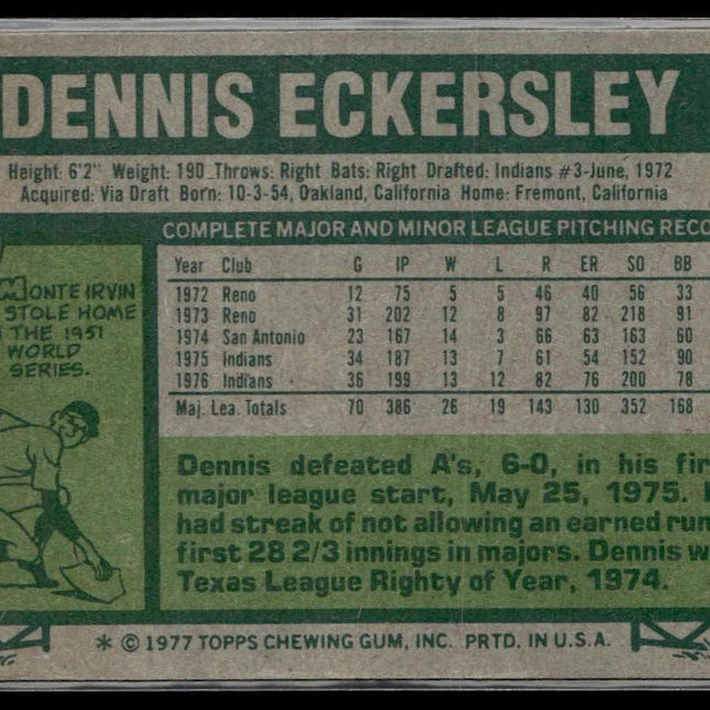 Dennis Eckersley #525 1977 Topps Cleveland Indians