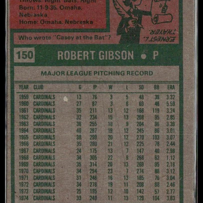 Bob Gibson #150 1975 Topps St. Louis Cardinals