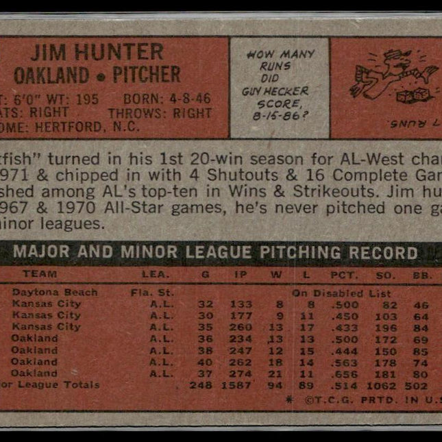 Jim Hunter #330 1972 Topps Oakland Athletics