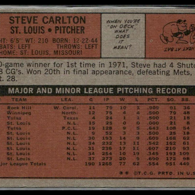 Steve Carlton #420 1972 Topps St. Louis Cardinals
