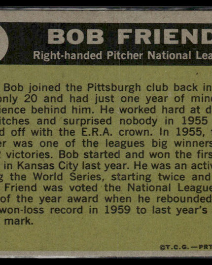 Bob Friend #585 1961 Topps Pittsburgh Pirates