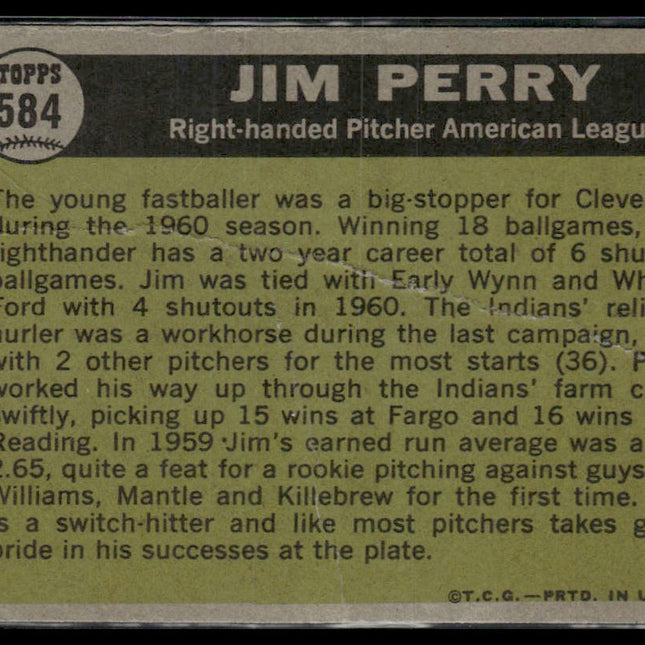 Jim Perry #584 1961 Topps Cleveland Indians