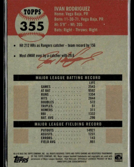 Ivan Rodriguez #355 2022 Topps Chrome Platinum Black/White Mini Diamond