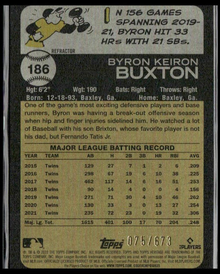 Byron Buxton #186 2022 Topps Heritage Chrome Refractor #/673 Minnesota Twins