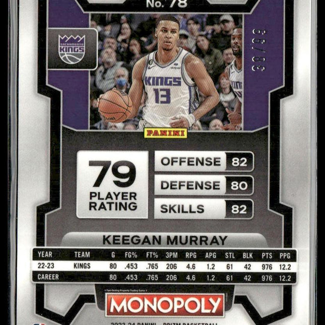 Keegan Murray #78 2023-24 Panini Prizm Monopoly Red #/99 Sacramento Kings