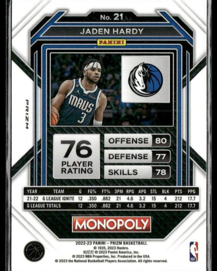Jaden Hardy #21 2022-23 Panini Prizm Monopoly Free Parking Dallas Mavericks