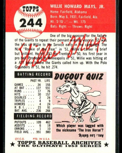 Willie Mays #244 1991 Topps Archives 1953 New York Giants