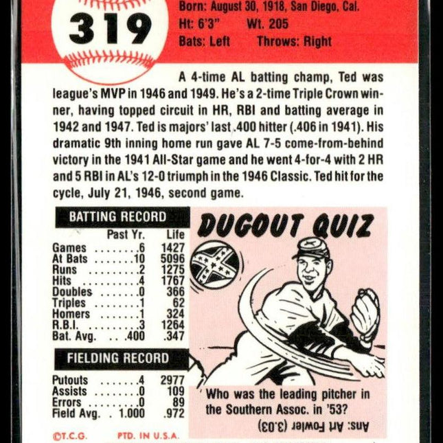 Ted Williams #319 1991 Topps Archives 1953 Boston Red Sox