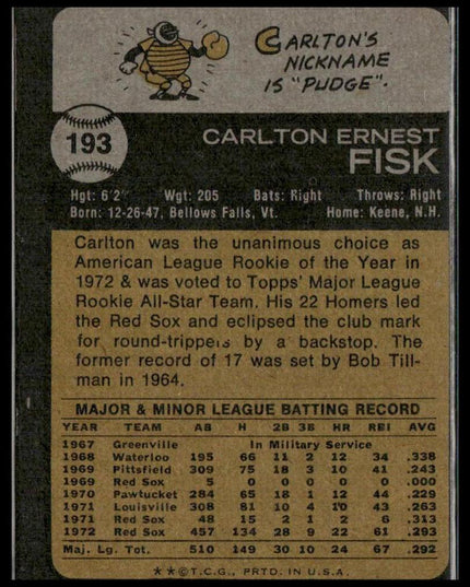 Carlton Fisk #193 1973 Topps Boston Red Sox