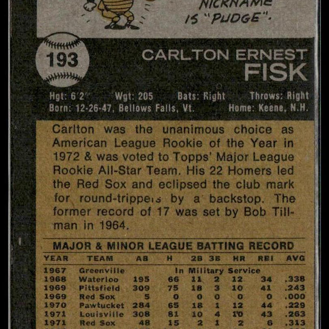 Carlton Fisk #193 1973 Topps Boston Red Sox