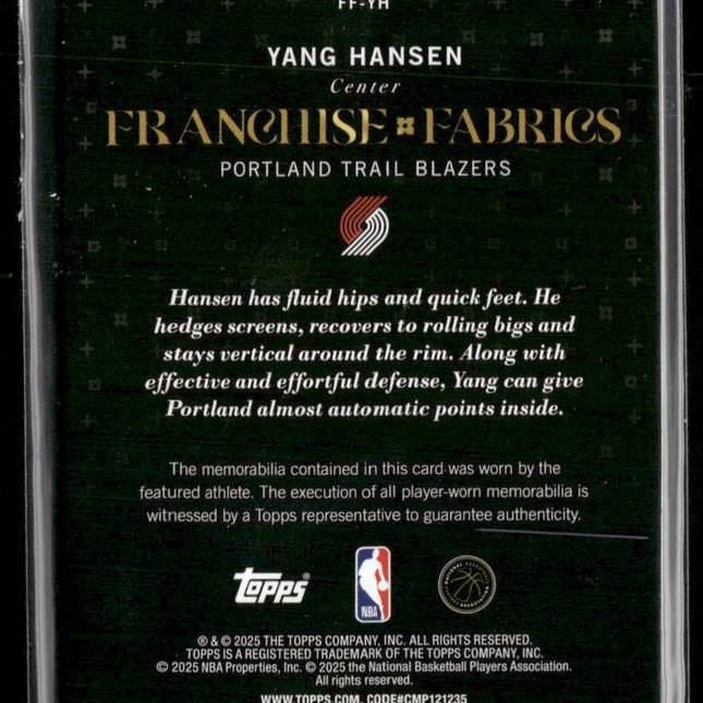 Yang Hansen #FF-YH 2025-26 Topps Franchise Fabrics Holo Foil Trail Blazers