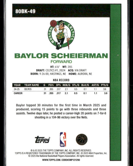 Baylor Scheierman #80BK-49 2025-26 Topps 1980-81 Topps Basketball Boston Celtics