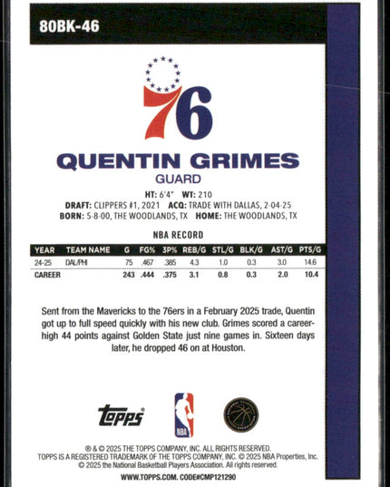 Quentin Grimes #80BK-46 2025-26 Topps 1980-81 Topps Basketball 76ers