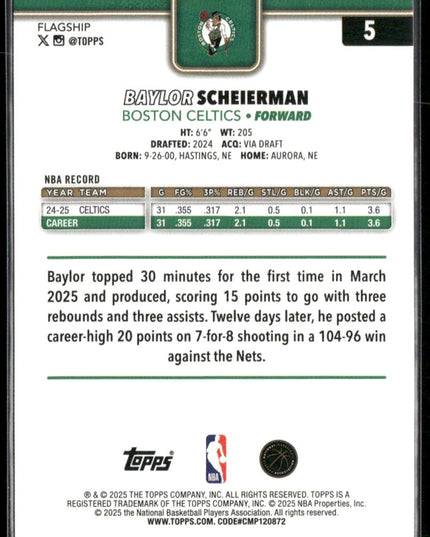 Baylor Scheierman #5 2025-26 Topps Pink Holo Foil Boston Celtics