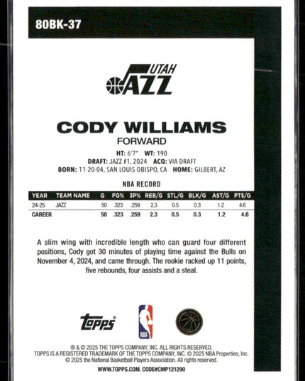 Cody Williams #80BK-37 2025-26 Topps 1980-81 Topps Basketball Utah Jazz