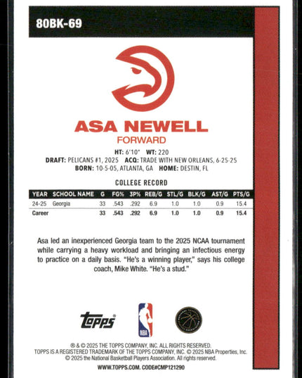 Asa Newell #80BK-69 2025-26 Topps 1980-81 Topps Basketball Atlanta Hawks
