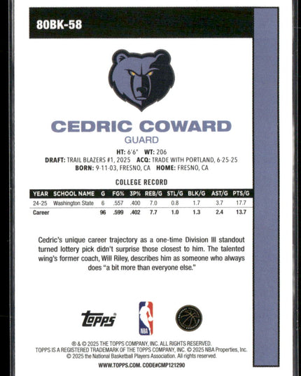 Cedric Coward #80BK-58 2025-26 Topps 1980-81 Topps Basketball Memphis Grizzlies