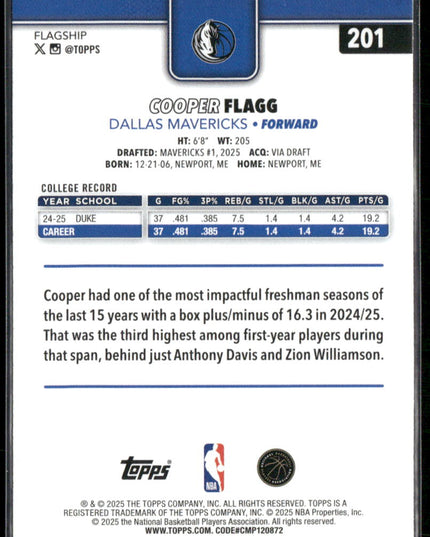 Cooper Flagg Rookie #201 2025-26 Topps Dallas Mavericks