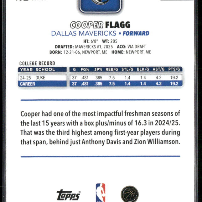 Cooper Flagg Rookie #201 2025-26 Topps Dallas Mavericks