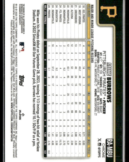 Mike Burrows #RA-MBU 2025 Topps Chrome Rookie Autographs Pittsburgh Pirates