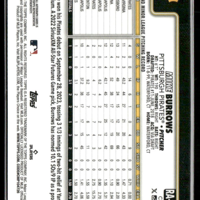 Mike Burrows #RA-MBU 2025 Topps Chrome Rookie Autographs Pittsburgh Pirates