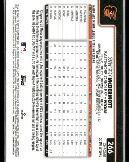 Chayce McDermott Rookie #266 2025 Topps Chrome Sepia Refractors Orioles