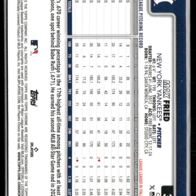 Max Fried #39 2025 Topps Chrome Raywave Refractors New York Yankees