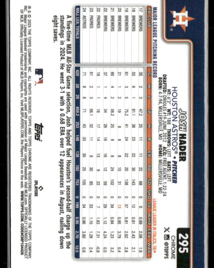 Josh Hader #295 2025 Topps Chrome Raywave Refractors Houston Astros