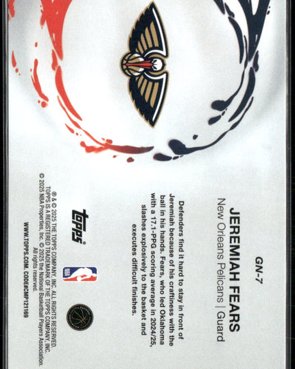 Jeremiah Fears #GN-7 2025-26 Topps Generation Now New Orleans Pelicans