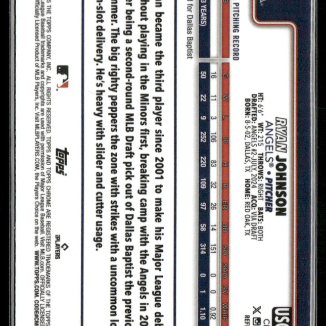 Ryan Johnson Rookie #USC116 2025 Topps Chrome Update Refractors LA Angels
