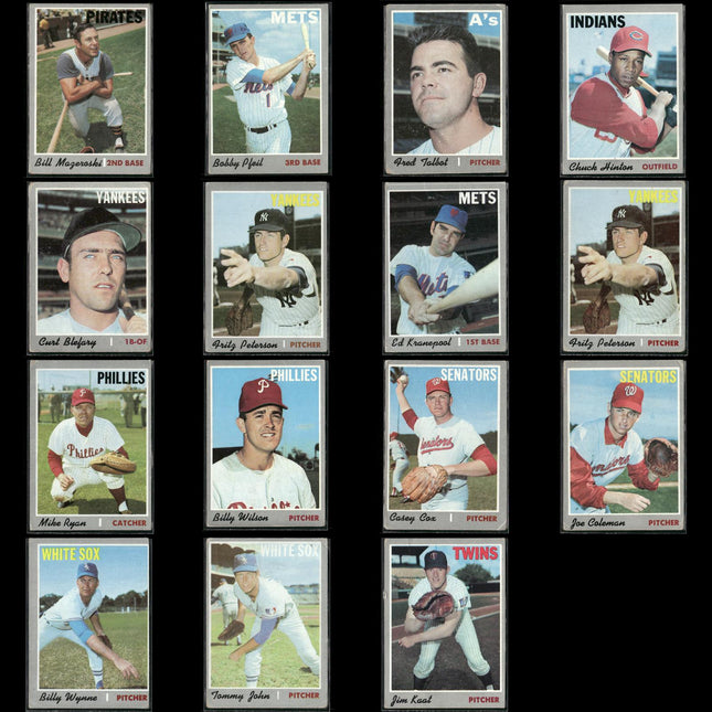 1970 Topps Baseball Lot (15) w/ Bill Mazeroski, Tommy John, Jim Kaat, RCs