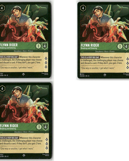 Flynn Rider - Breaking and Entering #102 3 Card Lot Super Rare Disney Lorcana