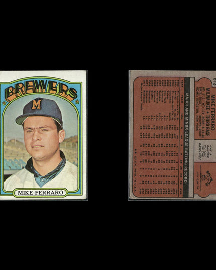 1972 Topps Milwaukee Brewers Team Lot (10 Cards) Vintage Baseball MLB