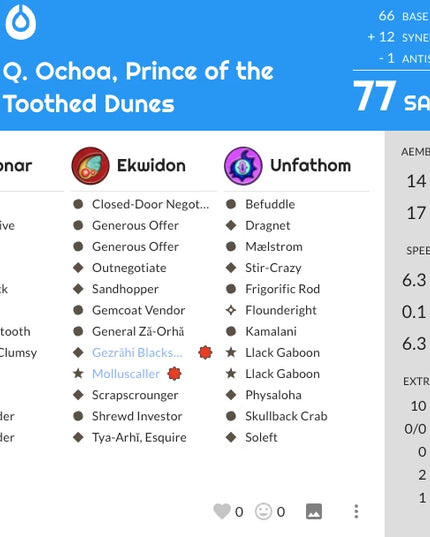Card game interface showing 'Q. Ochoa, Prince of the Toothed Dunes' with character names and stats.